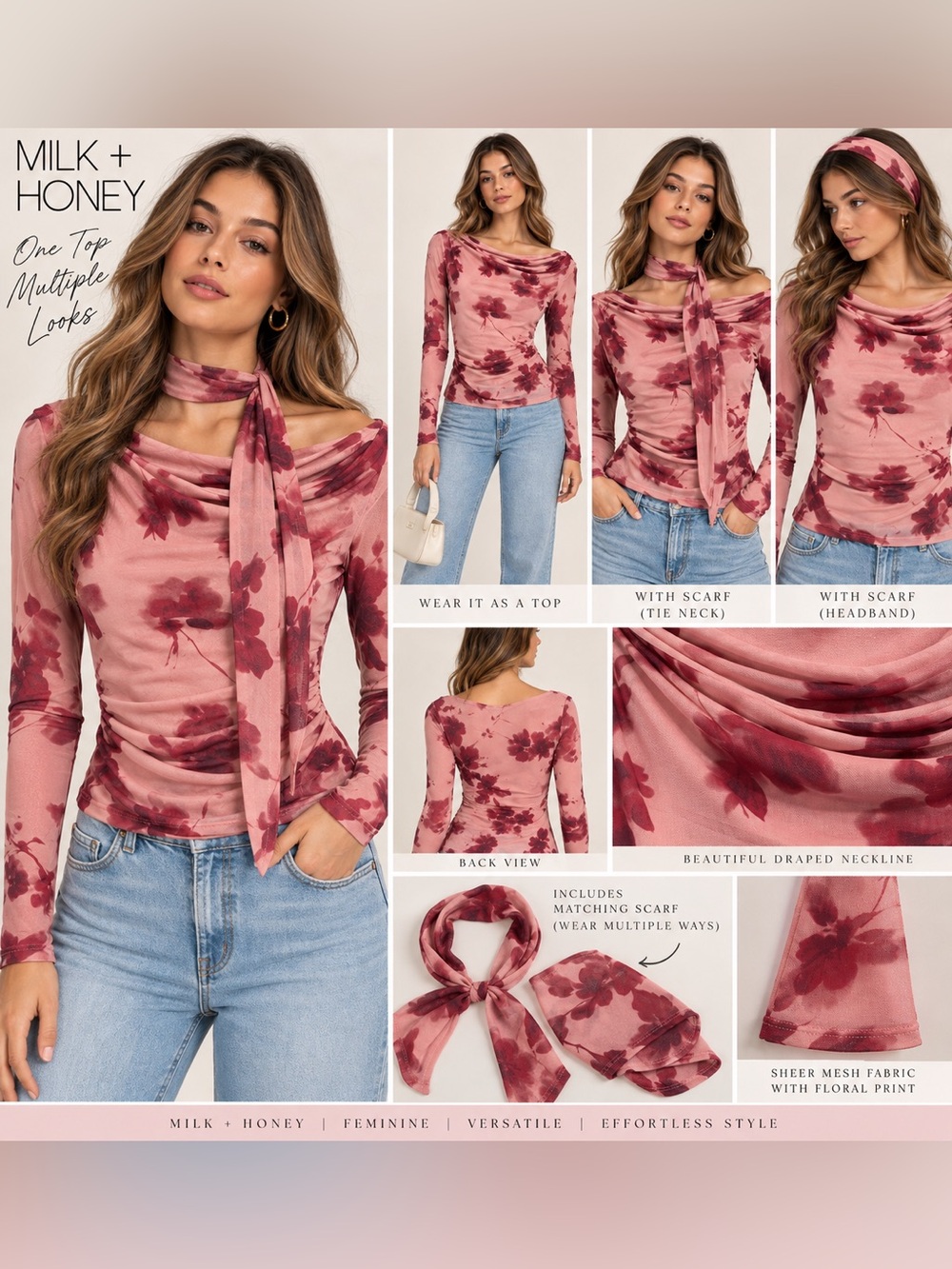 MILK + HONEY Floral Mesh Draped Neck Top + Matching Scarf NWT Size S